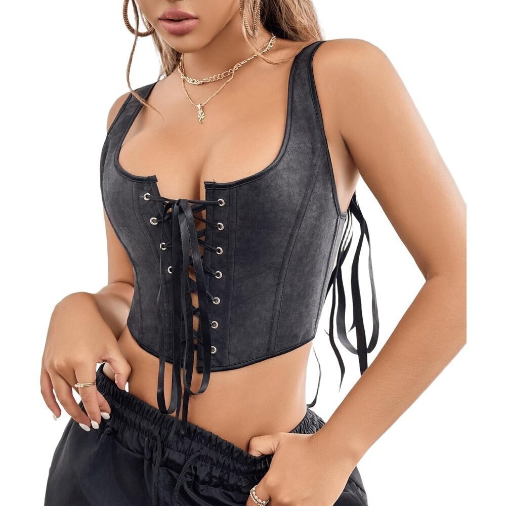 Women Black Renaissance Lace Up Tank Bustier Corset Top Vintage Square Neck
